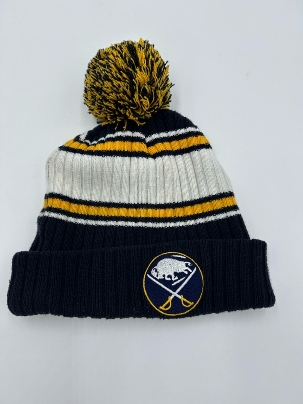Buffalo Sabres Adult Striped Pom Beanie Hat - Navy, White & Yellow